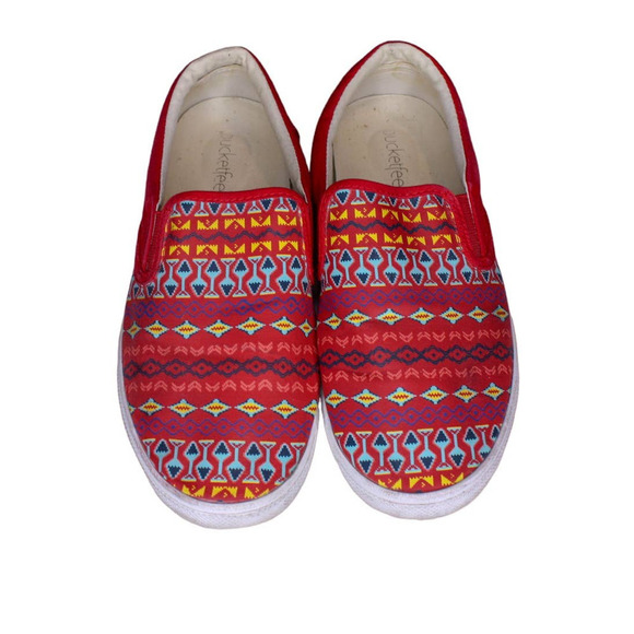 Bucket Feet Slip On Canvas Sneakers Vermillion Red Geometric Print Low Too 9 - Picture 2 of 5
